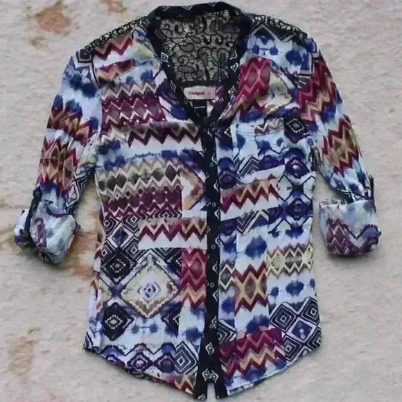 DESIGUAL Roll Tab Sleeve Aztec Pattern Crochet Button Up Blouse Top Women Medium - Picture 3 of 12